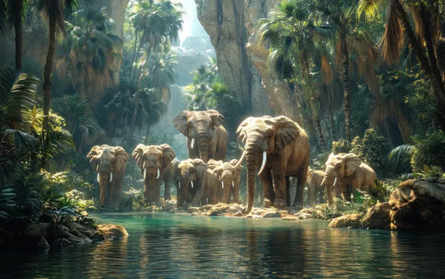 A Stegotetrabelodon herd stands and forages beside a quiet river under dense palm trees.