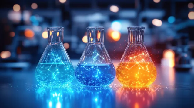 Three glowing lab beakers with blue and orange luminous liquids reflect light on a table in a blurred science background.