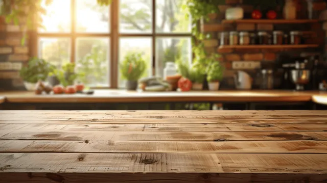 Rustic wooden tabletop in the foreground with a softly blurred sunlit kitchen interior and window light bokeh behind.