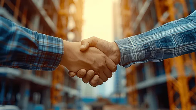 Two people shake hands on a construction site as warm sunset light highlights their clasped hands and nearby materials.