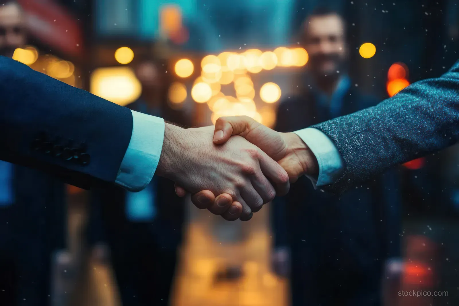 Two professionals shake hands in a meeting room with blurred lights in the background.
