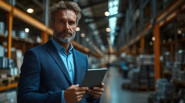 Businessman in blue suit checking logistics dashboard on tablet inside warehouse aisle
