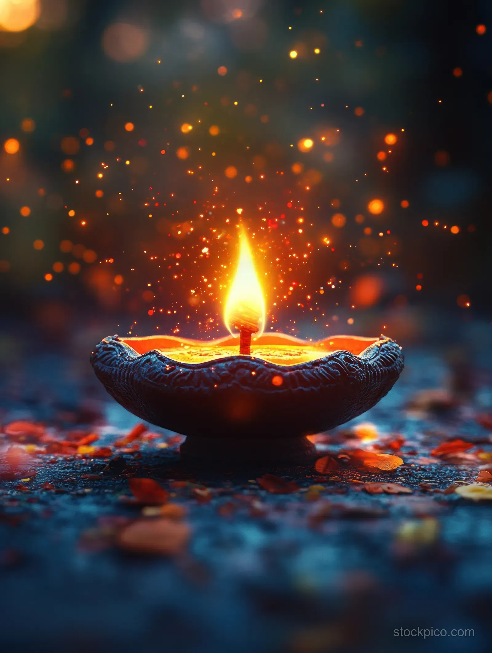 A glowing Diwali diya lamp on rangoli surrounded by warm golden sparkles and dark bokeh.