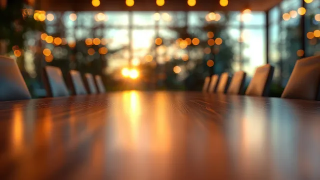 Modern Boardroom Table in Warm Evening Light with Soft Bokeh Background