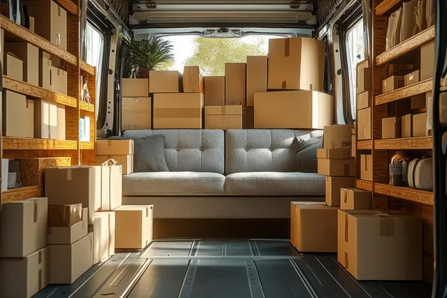 Sunlit delivery van interior with stacked cardboard boxes arranged around a gray sofa.