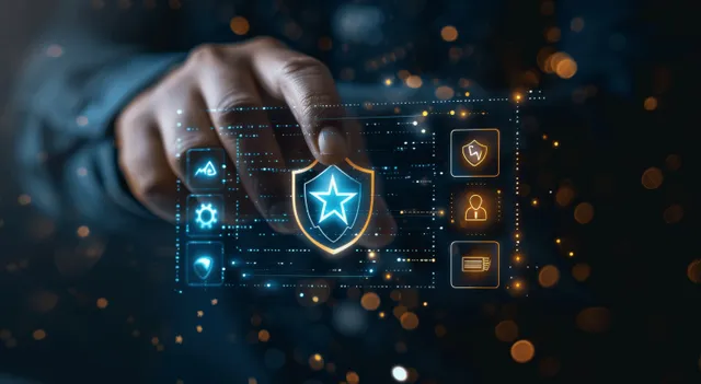 A businessman’s hand touches a glowing virtual screen with a shield and verification icons for quality assurance.