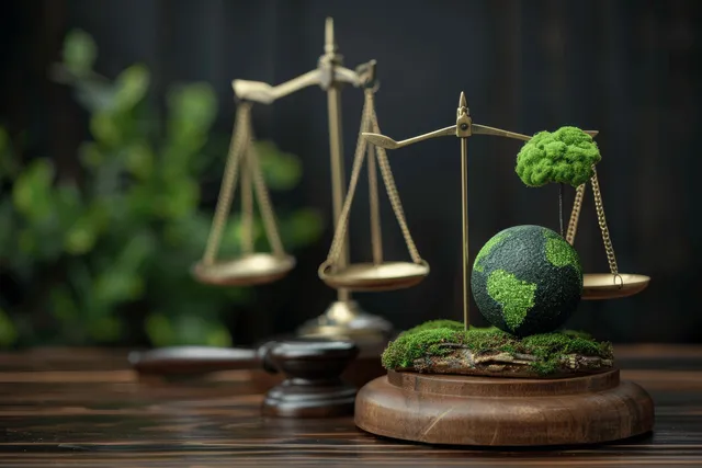 Justice scales balance a green earth globe on a wooden base with moss and small leaves nearby.