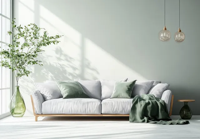 Light gray sofa with green throw and pillows beside a vase with leafy plant in sunlit minimalist room.