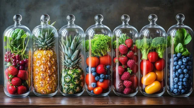 Colorful fruits and vegetables are arranged under glass cloches in a row on a dark background.