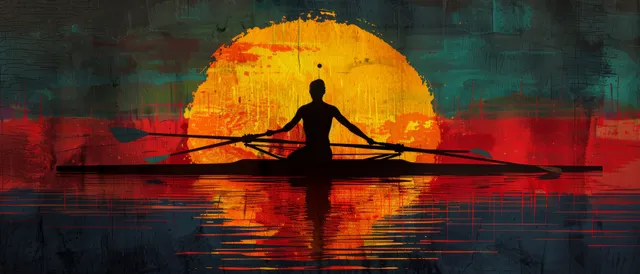 Silhouetted single scull rower gliding at sunset with sun glow and water reflection.