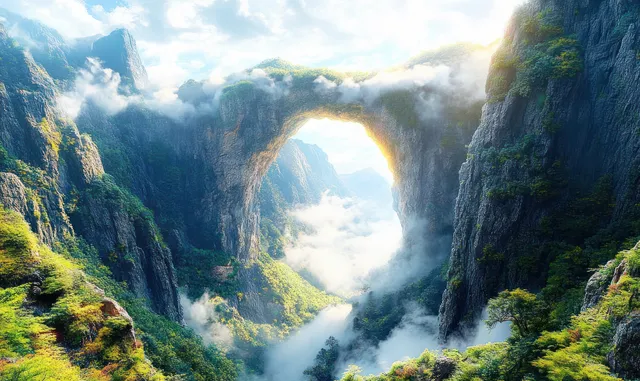 Dramatic sunlight enters a natural archway over a misty mountain pass with lush green cliffs and a winding road.