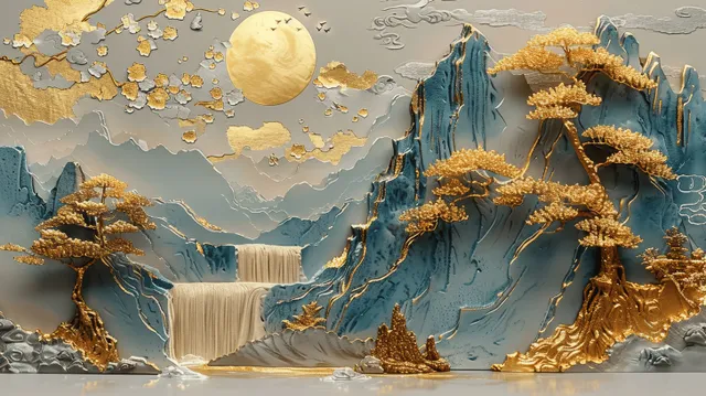3D Chinese relief landscape with waterfall, pine trees, moon, and gold-silver mist