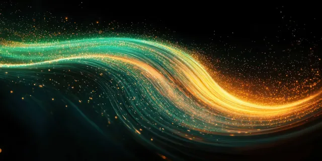 Glowing golden and teal particle waves swirling across a dark background with Neon Wave Patterns