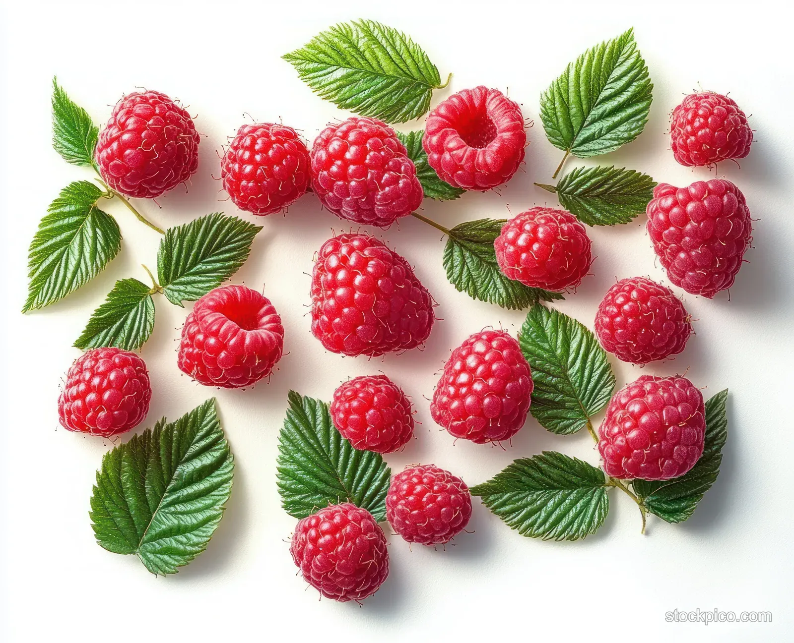 Ripe red raspberries scattered with green leaves on a clean white background.