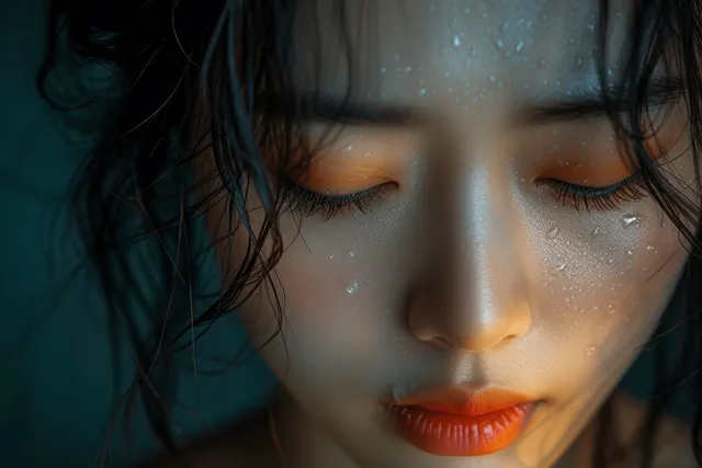 Asian woman with closed eyes wipes tears in dim moody studio lighting, showing grief and distress.