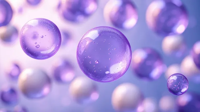 Purple and gold glossy skincare droplets and floating bubbles over a soft pastel background.