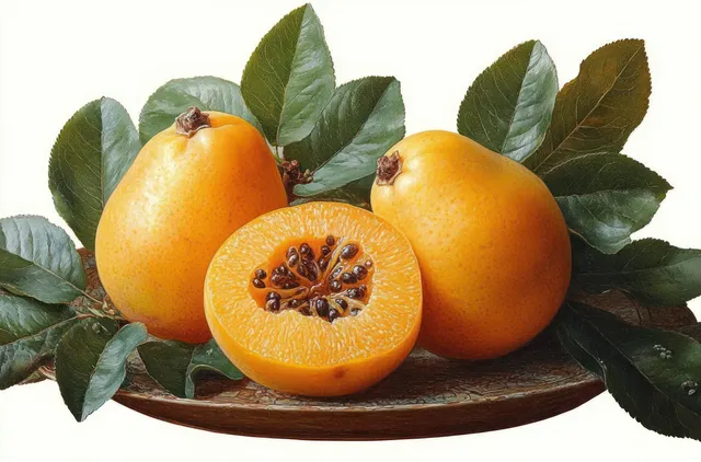 Loquats on wooden plate with green leaves, one halved to reveal dark seeds