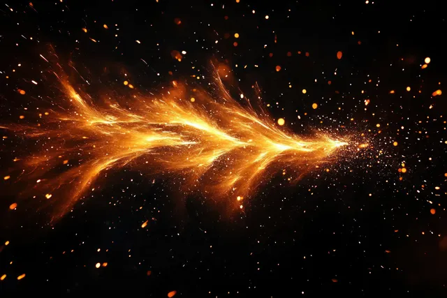 Golden-orange sparks swirl into a luminous plasma ribbon across a dark background with scattered embers.