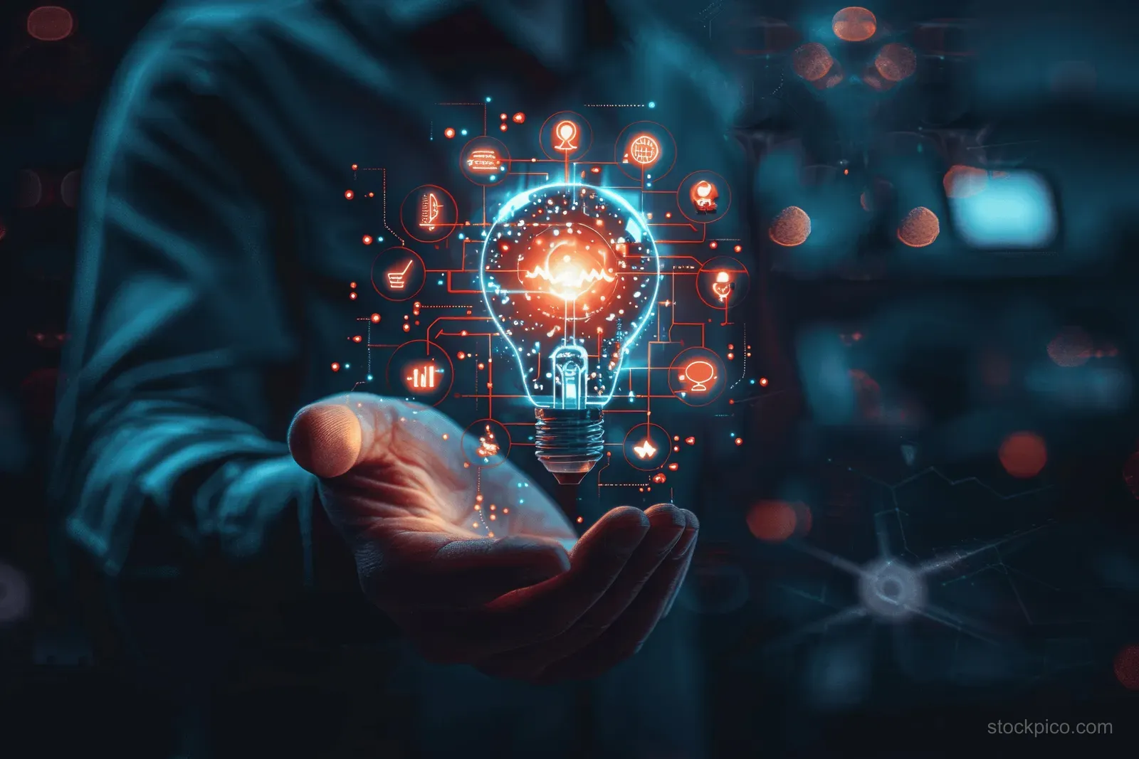 A business professional presents a glowing light bulb surrounded by educational and technology icons, symbolizing creative thinking.