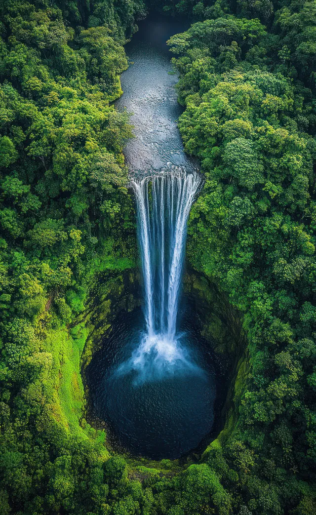 Aerial view waterfall plunging into a round pool amid dense bright-green rainforest canopy