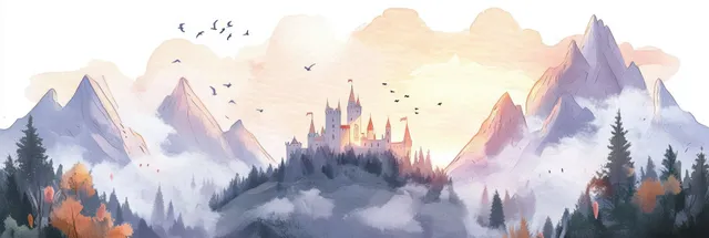 Whimsical castle rises over mountain valley with watercolor clouds, birds, and rolling hills