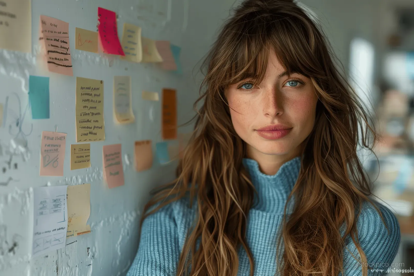 Smiling woman in a blue sweater stands with arms crossed beside a wall of colorful sticky notes in an office.
