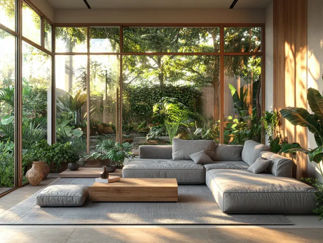 Gray sectional sofa in a minimalist living room with sliding glass doors opening to a lush tropical garden.