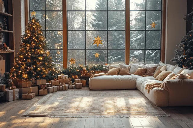 Warmly lit Christmas tree stands in a cozy Scandinavian living room with gifts on the wooden floor and star reflections in windows.