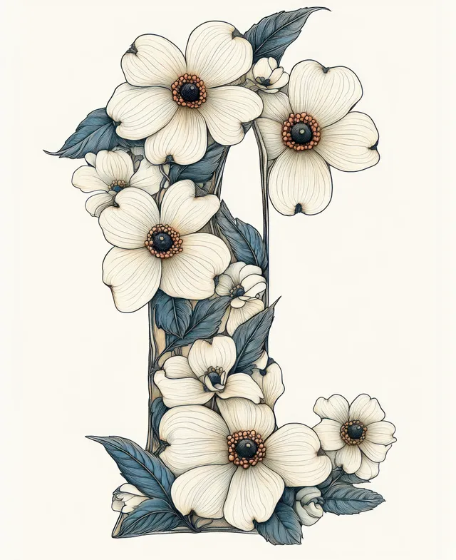 Vertical botanical illustration of creamy white flowers with dark centers and blue-green leaves