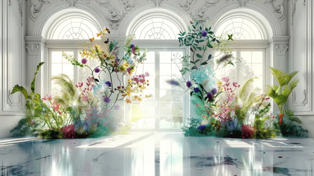 Sunlit white marble room with arched windows and colorful flower arrangements reflected on a polished floor.