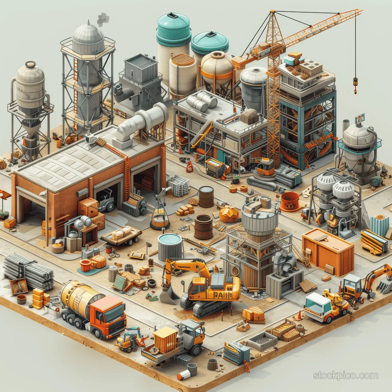 Isometric industrial construction site with cranes, excavators, dump trucks, and stacked concrete equipment.