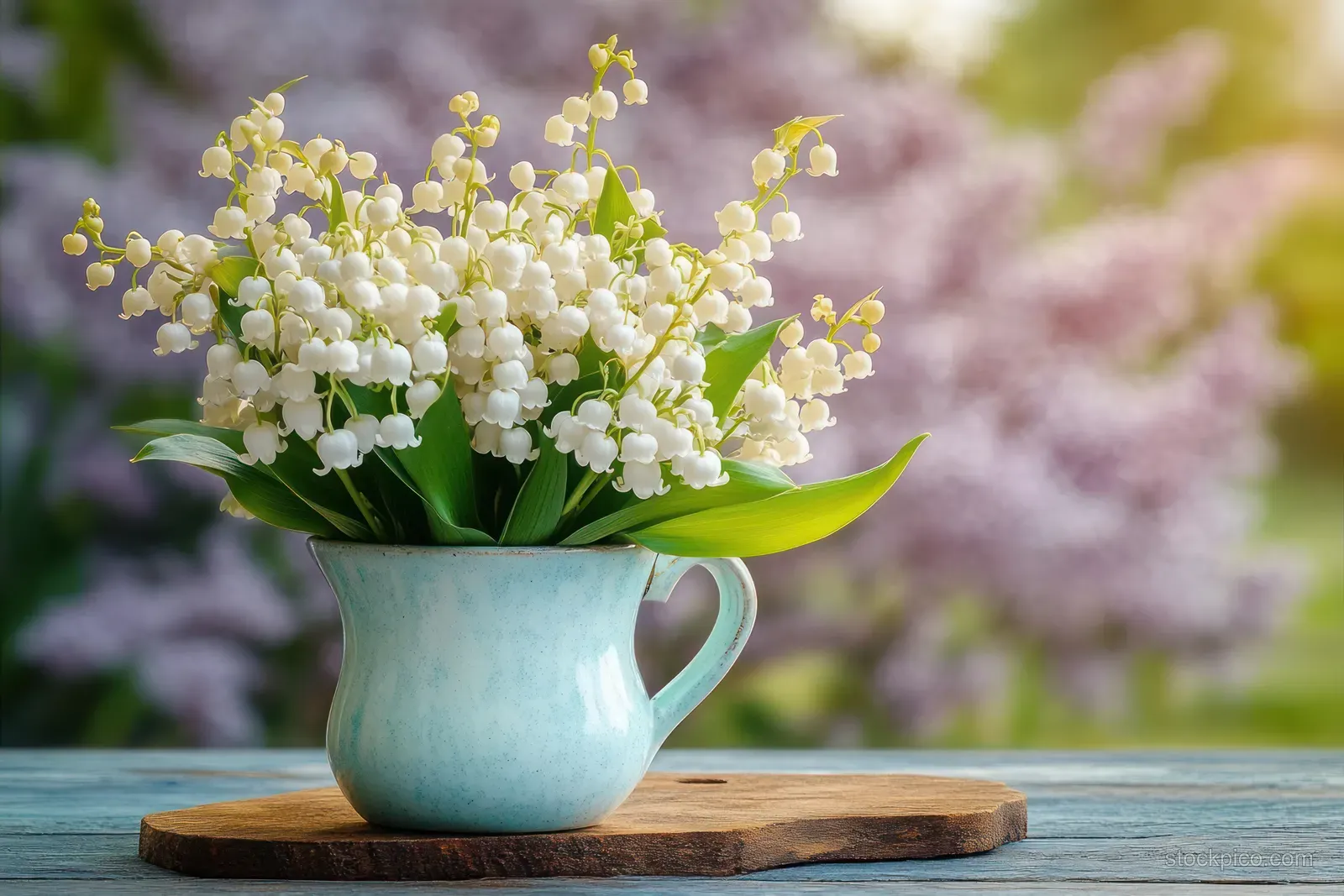 White lily of the valley flowers in a vintage cup on a wooden board with a lilac garden background blur.
