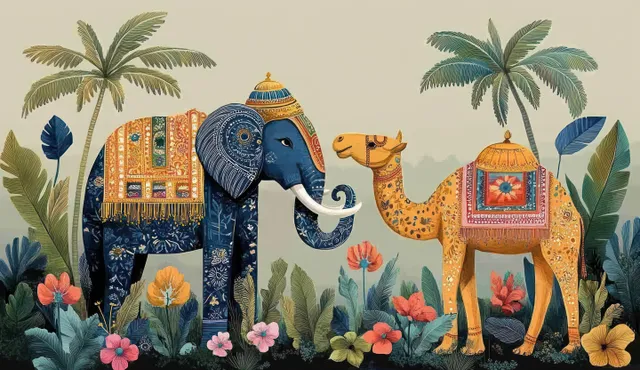Ornately decorated elephant and camel stand in a lush tropical garden with palm leaves and colorful flowers.