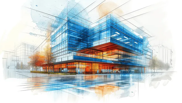 Healthcare hospital architectural blueprint lines overlay a glass-and-steel building concept with a faint city skyline.