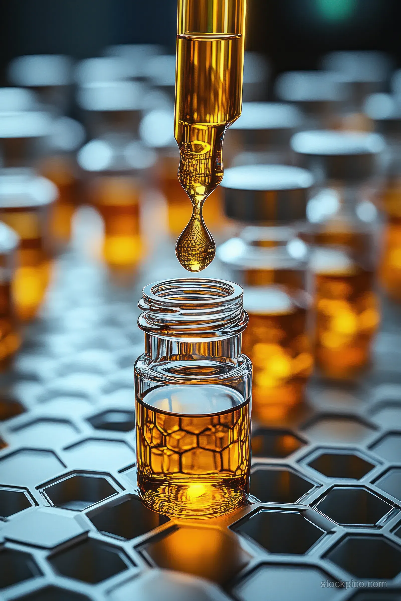 A dropper releases a golden droplet into a small glass vial on a honeycomb-patterned surface.