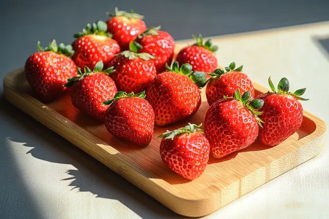Ripe red strawberries with green leaves sit in a sunlit wooden tray, highlighting their textured surfaces.