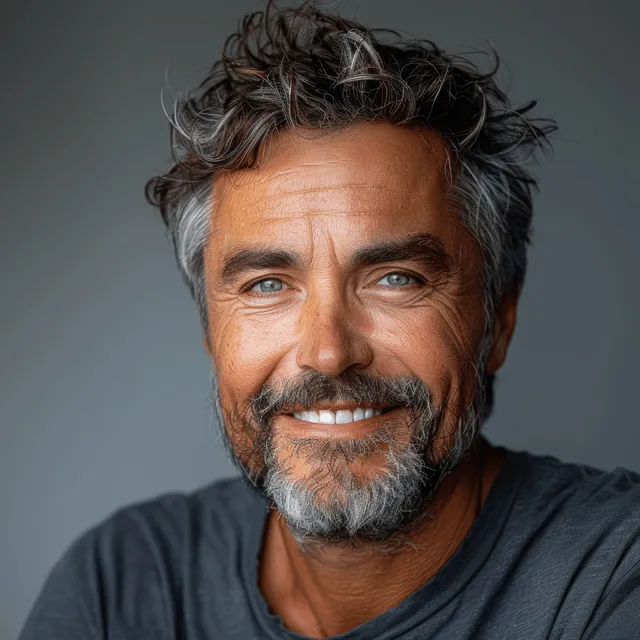 Smiling older man with grey hair and goatee wearing t-shirt on white background