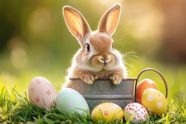 An Easter bunny peeks from a watering can with colorful eggs scattered on spring grass.