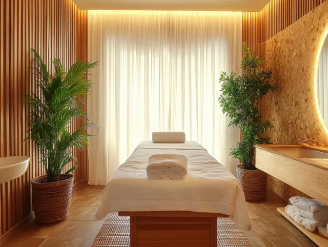 A massage room shows a treatment table with folded towels, warm lighting, potted plants, and a glowing round mirror.