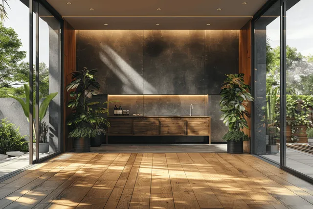 Minimalist living room with wooden floor, stone fireplace wall, and sunlit plants