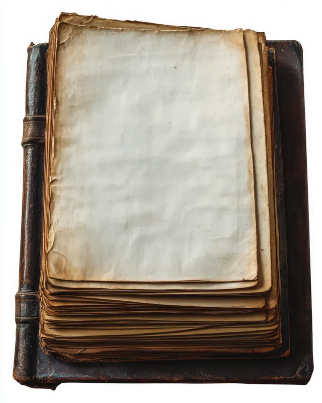 An opened antique book with blank yellowed pages and worn leather cover lies isolated on a white background.