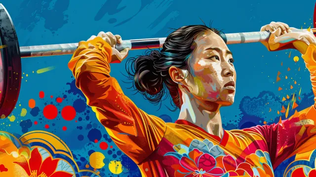 A female weightlifter lifts a barbell overhead in an energetic competition graphic with colorful patterned background.