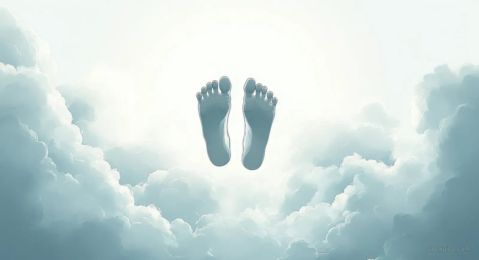 Bare feet floating above soft clouds in a bright blue sky, conveying a weightless calm atmosphere.
