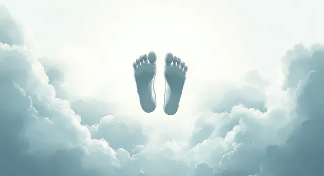 Bare feet floating above soft clouds in a bright blue sky, conveying a weightless calm atmosphere.