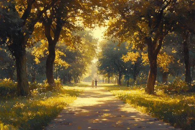 A family strolls along a paved park path beneath golden trees in warm afternoon sunlight.