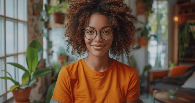 Joyful senior woman with curly hair holding smartphone in a bright living room by window