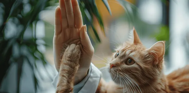 Ginger cat and raised human hand high-fiving beside indoor plants in soft background blur.