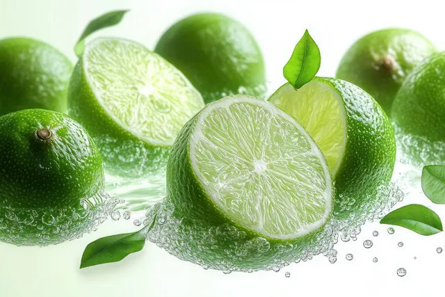 Whole and sliced green limes with leaves splash in clear water with visible droplets.