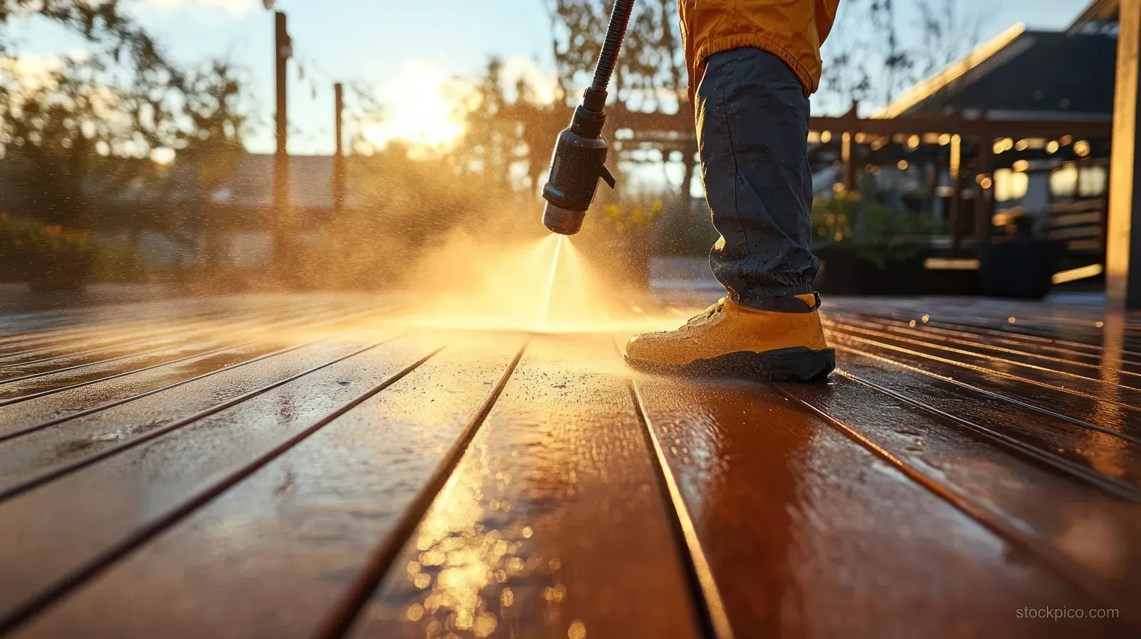 A man pressure-washes a wooden deck at sunset, sending a strong water jet across the boards.