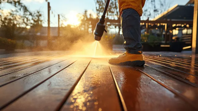A man pressure-washes a wooden deck at sunset, sending a strong water jet across the boards.